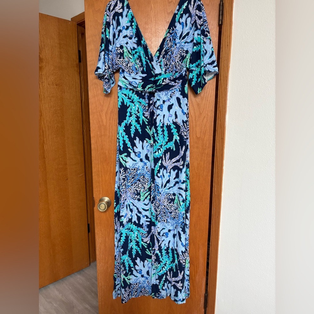EUC Lilly Pulitzer Parigi Maxi Dress Deep Indigo Swish Sway Navy Blue Size L